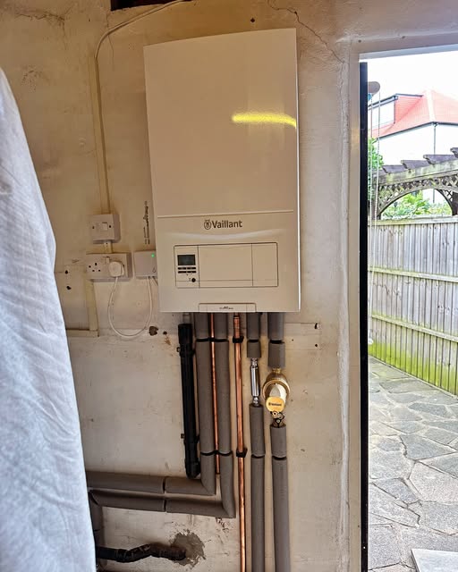 A boiler installed beside a back door leading out to the garden
